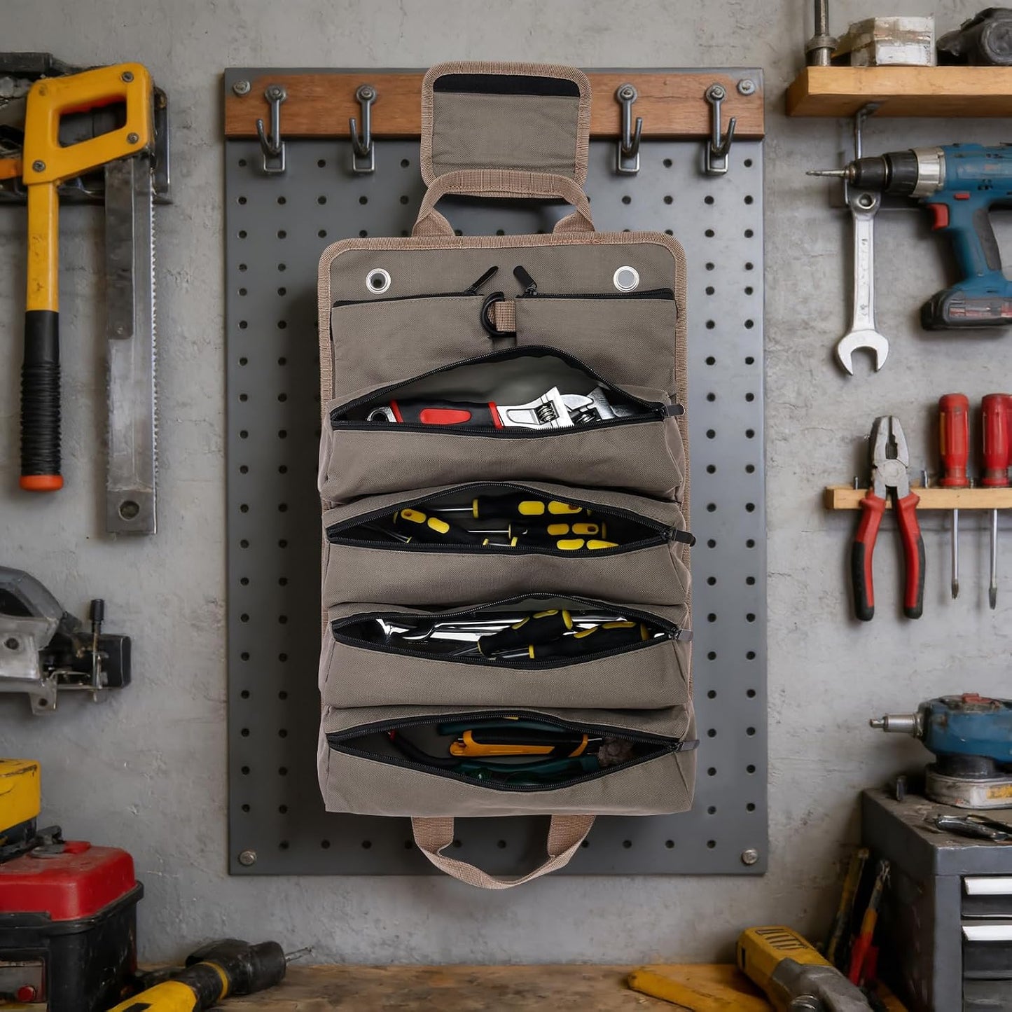 Sac à Outils Enroulable Robuste En Tissu Oxford Multi-poches Avec Poignée De Transport, Porte-clé Portable Pour Charpentier, Plombier, Maison, Atelier, Garage (vert Militaire)