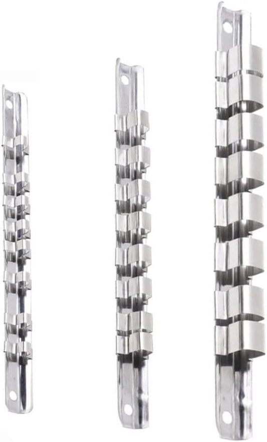  Support De Rangement Pour Douilles Avec 8 Clips Compatibles Avec Douilles De 1/4", 3/8", 1/2" Montées Sur Rail Pour Garage Et Gestion D'outils Industriels (3 Pièces)