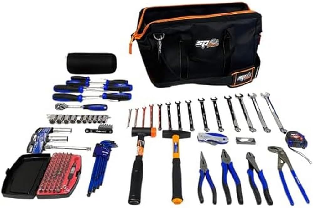  SP TOOLS SP-BAG1 - Sac À Outils Entièrement Équipé - 132 Pièces - Porte Outils, Tissu Robuste Et Base Imperméable Moulée, Bandoulière Amovible Et Réglable - Caisses Et Sacs - Qualité Professionnelle
