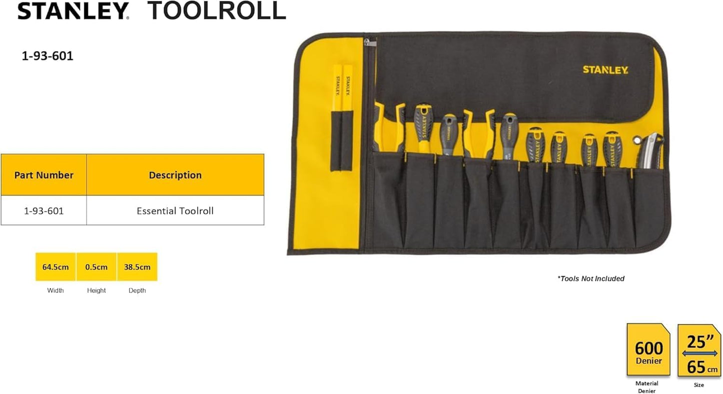  Stanley 1-93-601 Pochette Porte-Outils - 1 Compartiment Zippé Par Fermeture Éclaire, Toile 300 X 300 Deniers En Nylon - 12 Pochettes Compartimentées - Rabat De Protection - Fermeture Par Sangle Multicolore