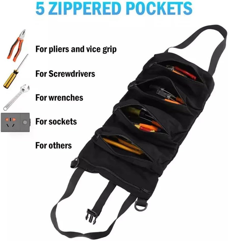  Sac à Outils Robuste En Tissu Oxford Avec 5 Poches Pour Le Rangement Des Clés, Organiseur Multifonction à Suspendre Pour Siège De Voiture Et Atelier, Noir