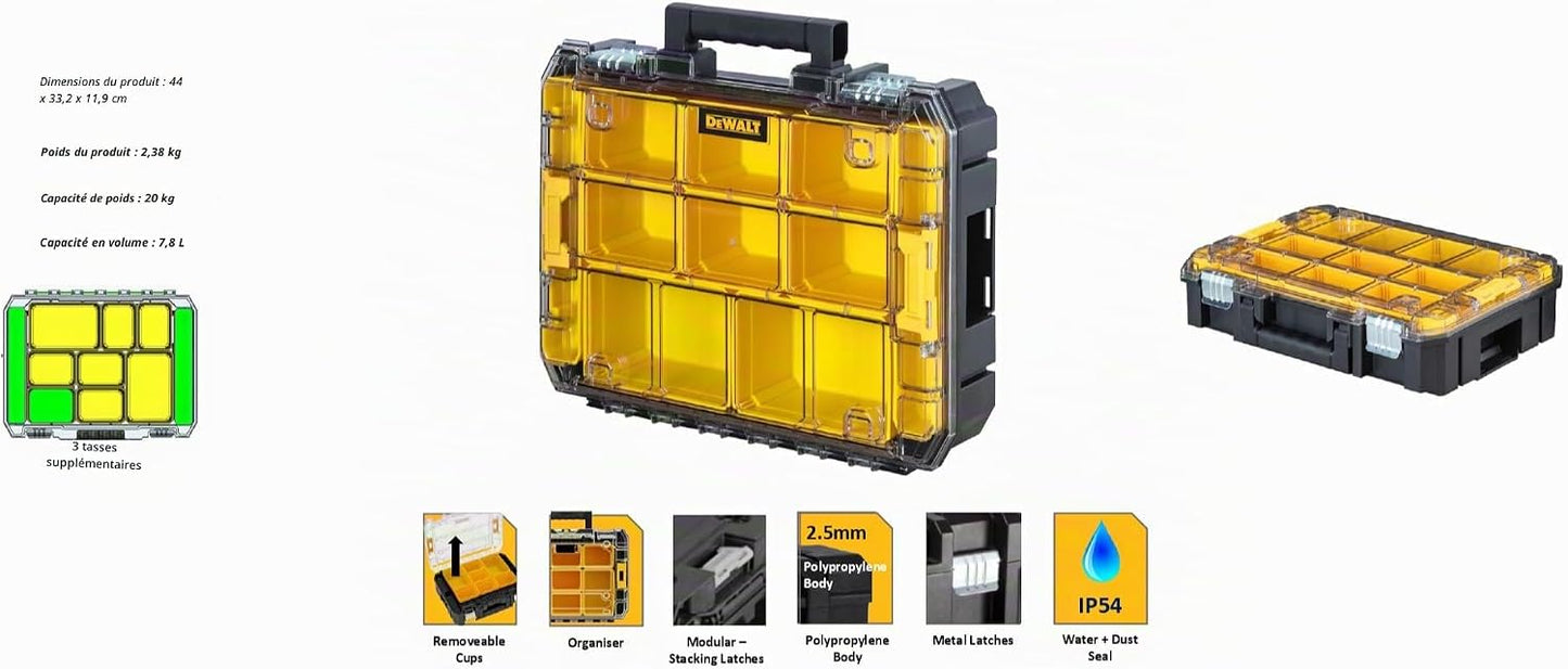  DEWALT Organiseur TSTAK DWST82968-1 - Etanche IP54-7,8L - Pour Petites Pièces Et Accessoires - Couvercle En Polycarbonate Transparent
