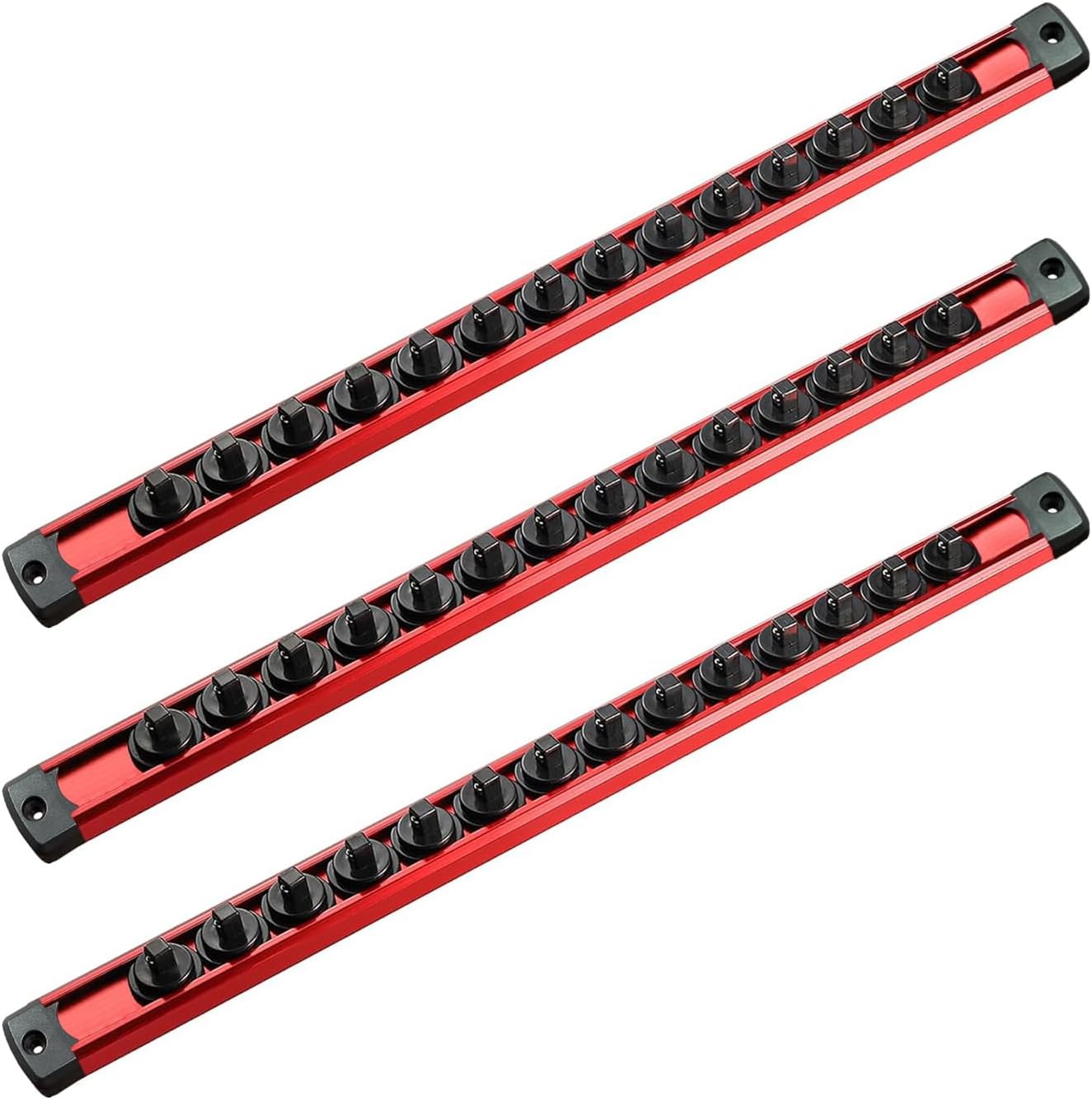  ACEBON Lot De 3 Rails à Douilles Magnétiques 1/4", 3/8" Et 1/2", Organisateur De Douilles En Aluminium Avec 40 Clips Rotatifs, Support De Douilles Magnétique Pour Garage, Atelier Et Boîte à Outils
