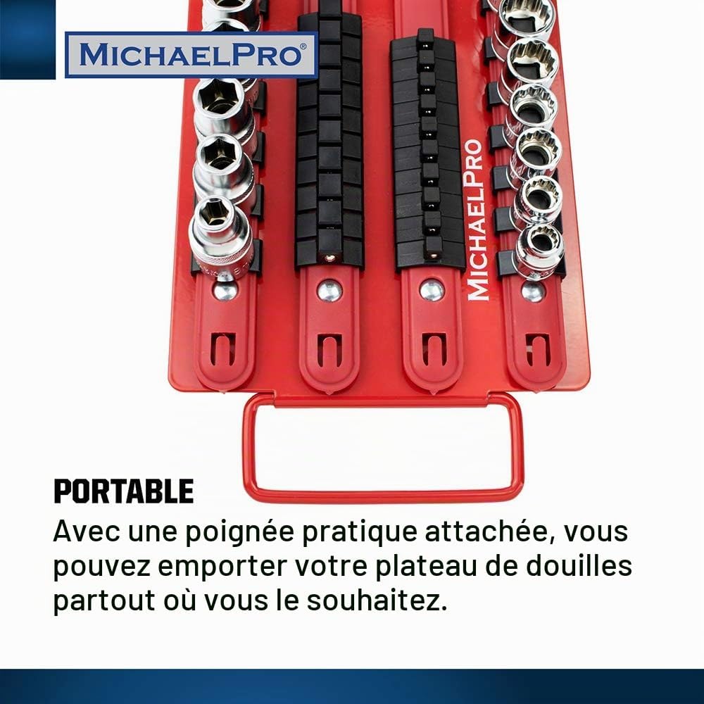  MichaelPro MP014006 Support De Douilles Portable 80 Pièces, Organiseur De Douilles, Rail Rouge Avec Clips Noirs