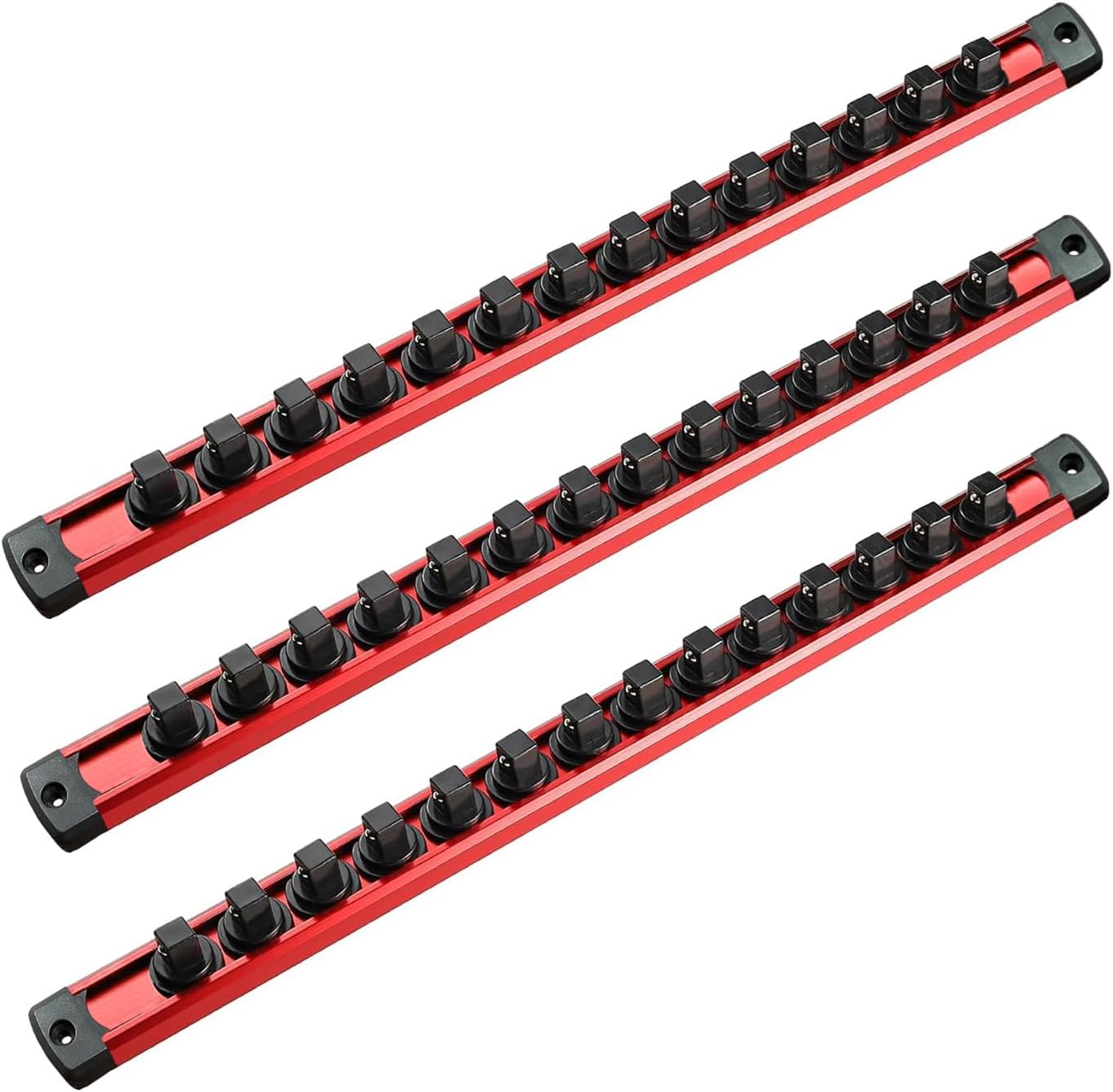  ACEBON Lot De 3 Rails à Douilles Magnétiques 1/4", 3/8" Et 1/2", Organisateur De Douilles En Aluminium Avec 40 Clips Rotatifs, Support De Douilles Magnétique Pour Garage, Atelier Et Boîte à Outils