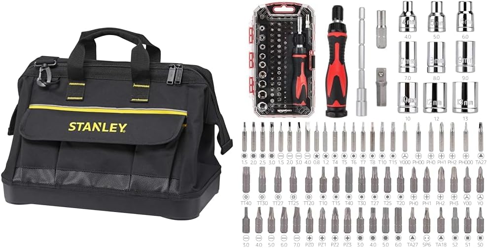  Stanley 1-96-183 Sac À Outils En Tissu 600 X 600 Deniers - Multi-Compartiments - Sangle Bandoulière & Amazon Basics Ensemble De 73 Pièces, Clés Magnétiques à Cliquet Et Tournevis De Précision