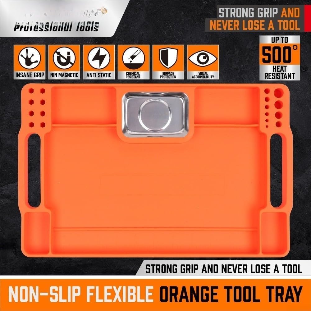  Plateau à Outils En Silicone Avec Base En Acier Inoxydable, Organiseur Flexible Antidérapant Pour Petites Pièces, Résistant à La Chaleur Jusqu'à 250 °C, Rangement Portable Pour Voyage, Garage (orange