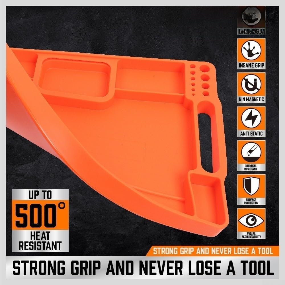 Plateau à Outils En Silicone Avec Base En Acier Inoxydable, Organiseur Flexible Antidérapant Pour Petites Pièces, Résistant à La Chaleur Jusqu'à 250 °C, Rangement Portable Pour Voyage, Garage (orange