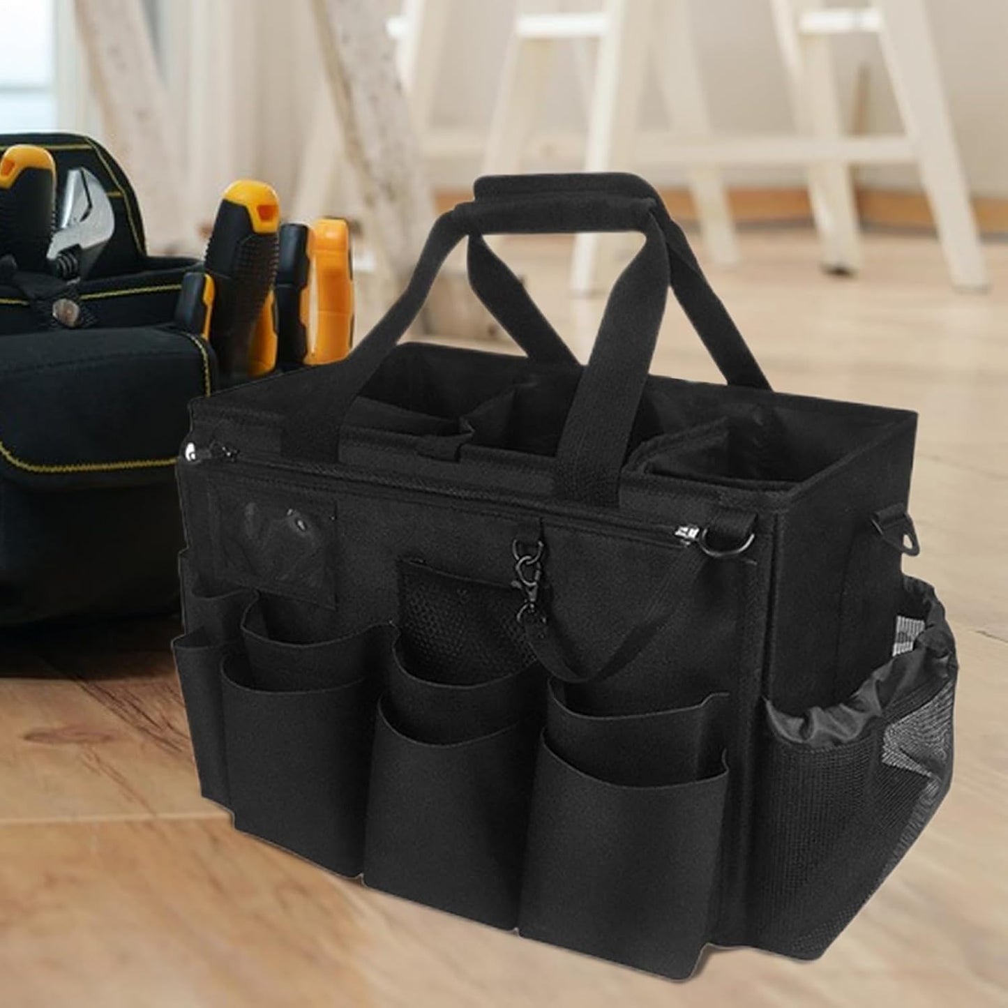  Générique Sac Pour Fournitures De Nettoyage - Organisateur Pour Fournitures De Nettoyage - Porte-Outils Mesh Respirant Imperméable Avec Poignée Bretelle Pour Chiffons Époussetage Cuisine