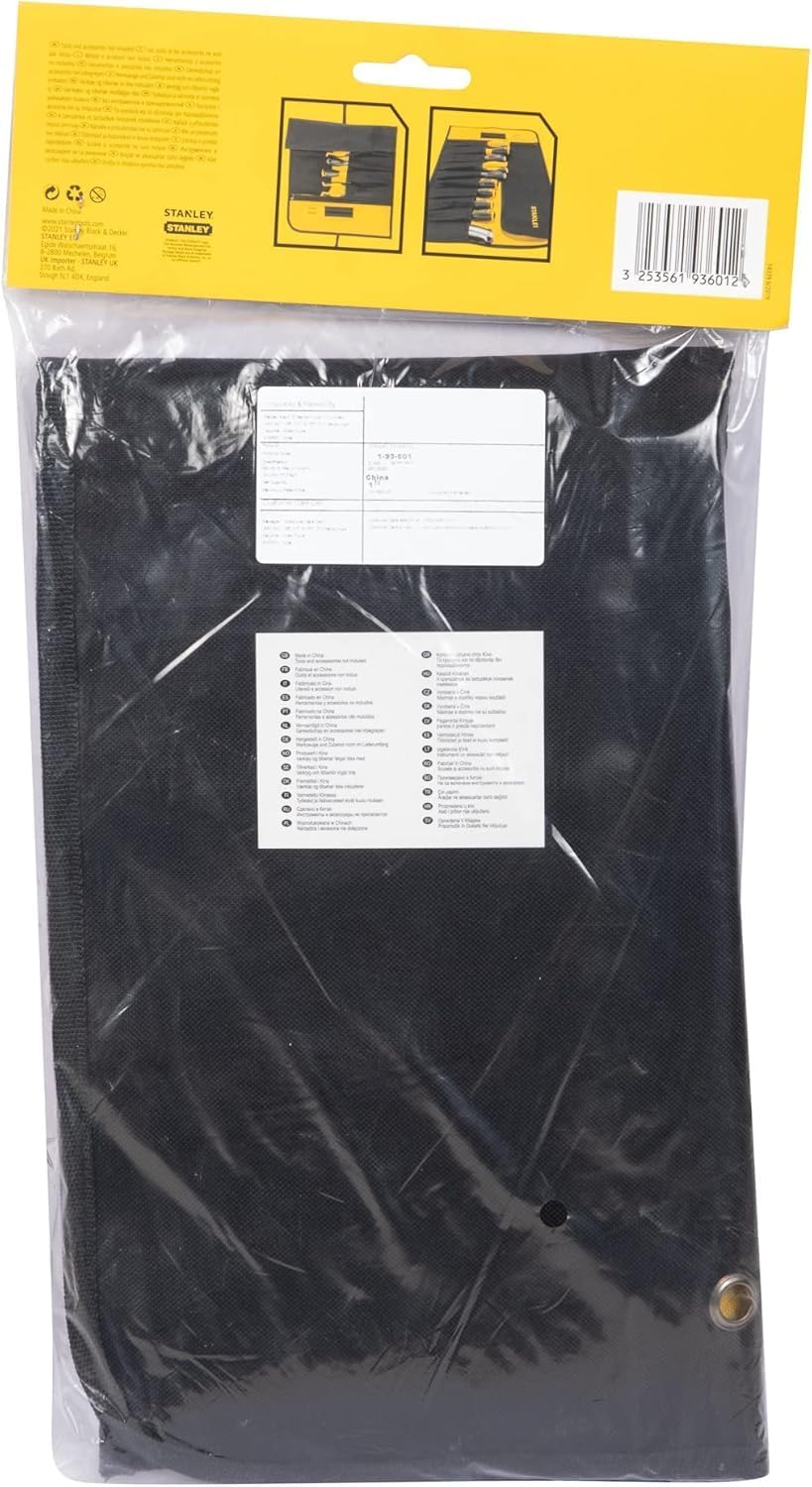  Stanley 1-93-601 Pochette Porte-Outils - 1 Compartiment Zippé Par Fermeture Éclaire, Toile 300 X 300 Deniers En Nylon - 12 Pochettes Compartimentées - Rabat De Protection - Fermeture Par Sangle Multicolore