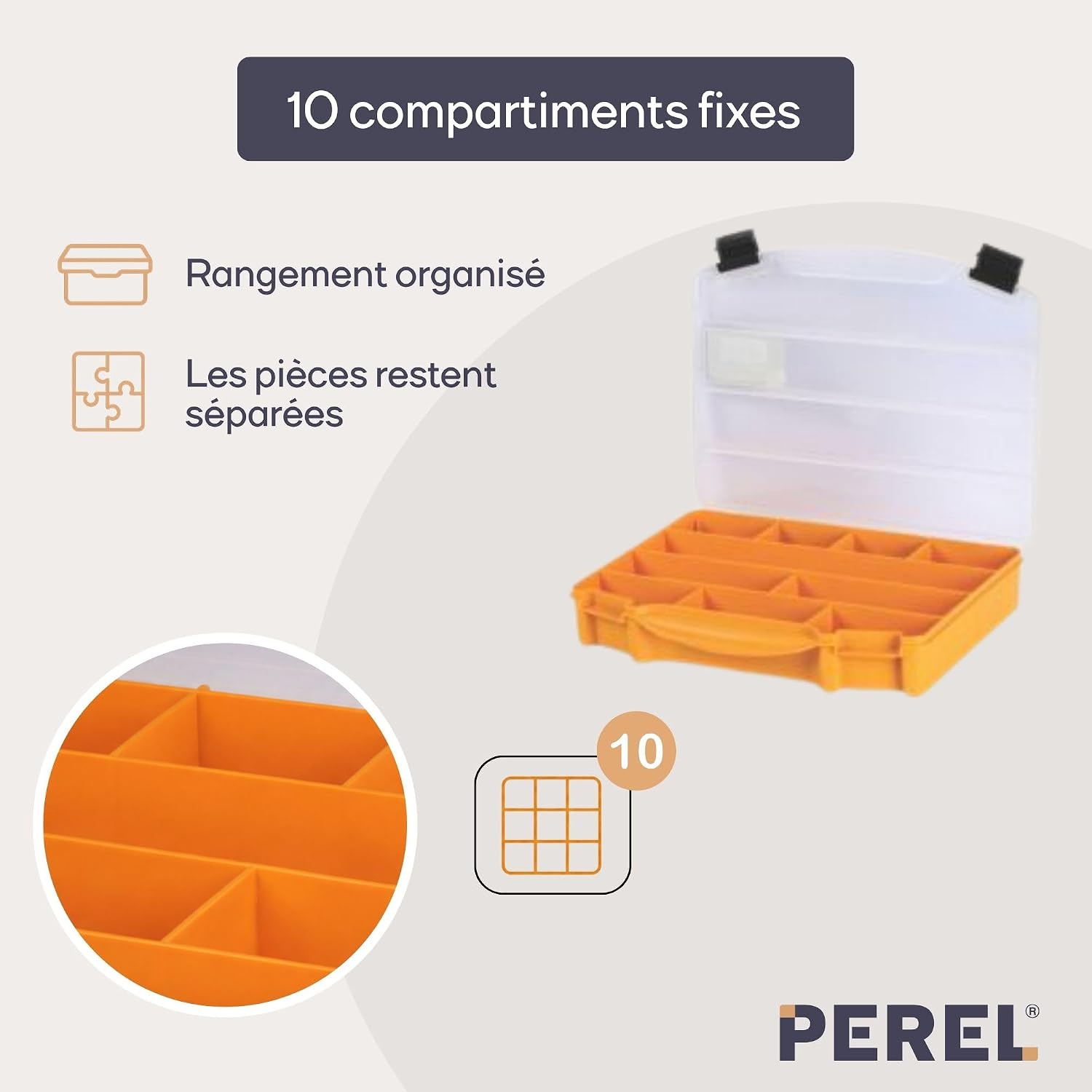  Perel Boîte D’assortiment En Plastique Avec 10 Compartiments Fixes, Couvercle Transparent, Empilable, Pour Vis, écrous, Clous Et Petites Pièces, Atelier, Garage Et Loisirs