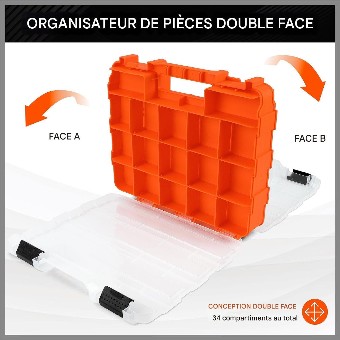  Petit Coffret à Outils - Organisateur Transparent Avec 34 Compartiments,Boîte De Rangement De Pièces Avec Cloisons Amovibles - Pour Vis Écrous Boulons Forets Électronique Perles Bijoux Garage
