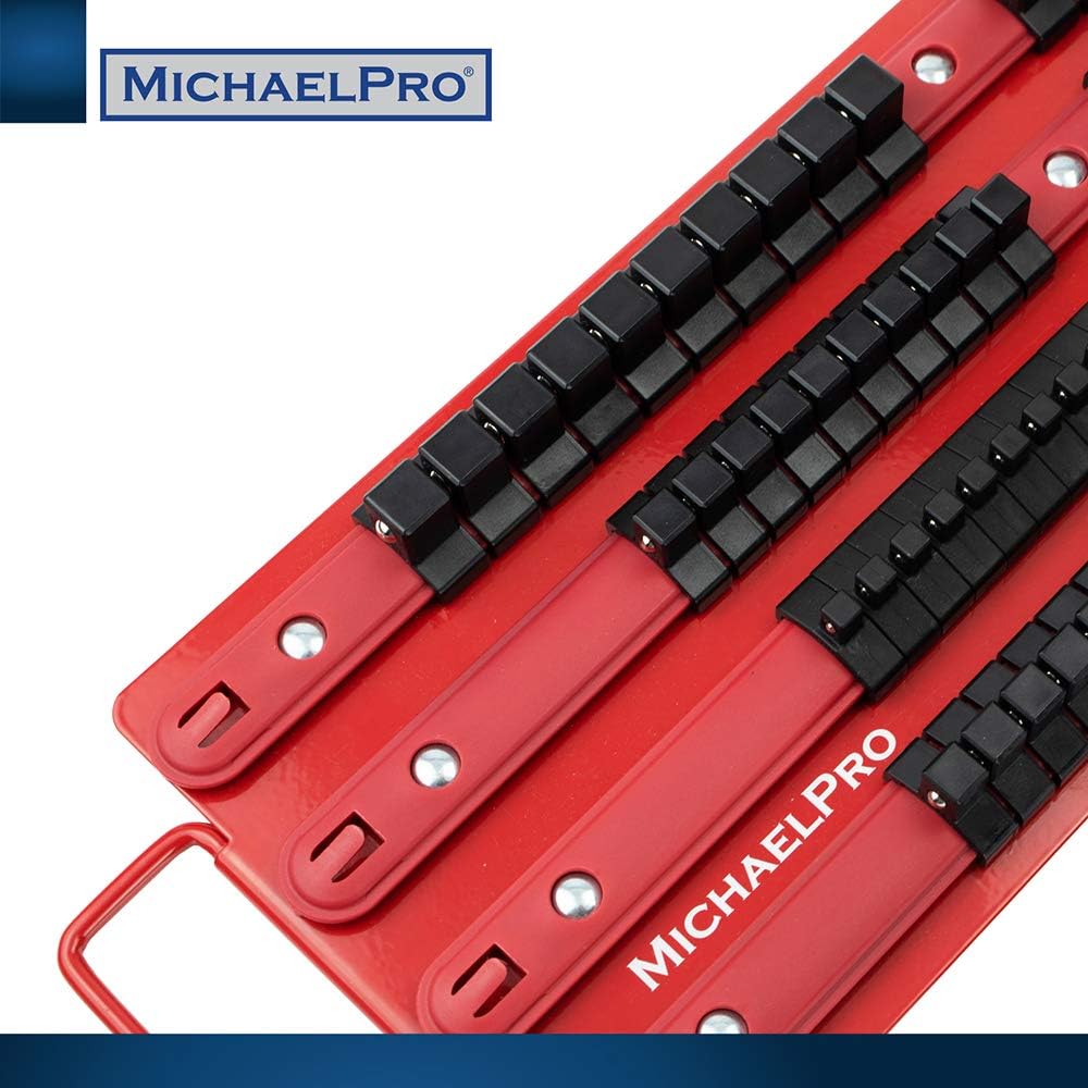  MichaelPro MP014006 Support De Douilles Portable 80 Pièces, Organiseur De Douilles, Rail Rouge Avec Clips Noirs