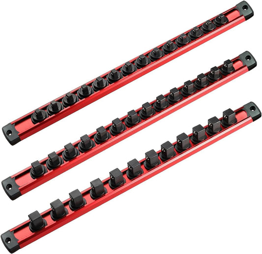  ACEBON Lot De 3 Rails à Douilles Magnétiques 1/4", 3/8" Et 1/2", Organisateur De Douilles En Aluminium Avec 40 Clips Rotatifs, Support De Douilles Magnétique Pour Garage, Atelier Et Boîte à Outils