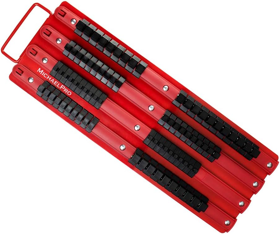  MichaelPro MP014006 Support De Douilles Portable 80 Pièces, Organiseur De Douilles, Rail Rouge Avec Clips Noirs