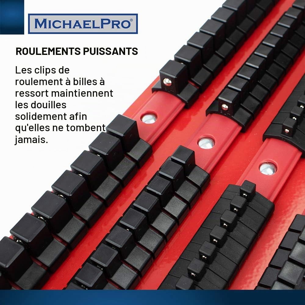  MichaelPro MP014006 Support De Douilles Portable 80 Pièces, Organiseur De Douilles, Rail Rouge Avec Clips Noirs