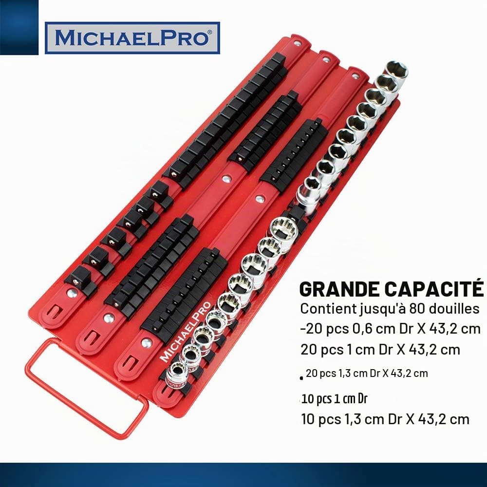  MichaelPro MP014006 Support De Douilles Portable 80 Pièces, Organiseur De Douilles, Rail Rouge Avec Clips Noirs