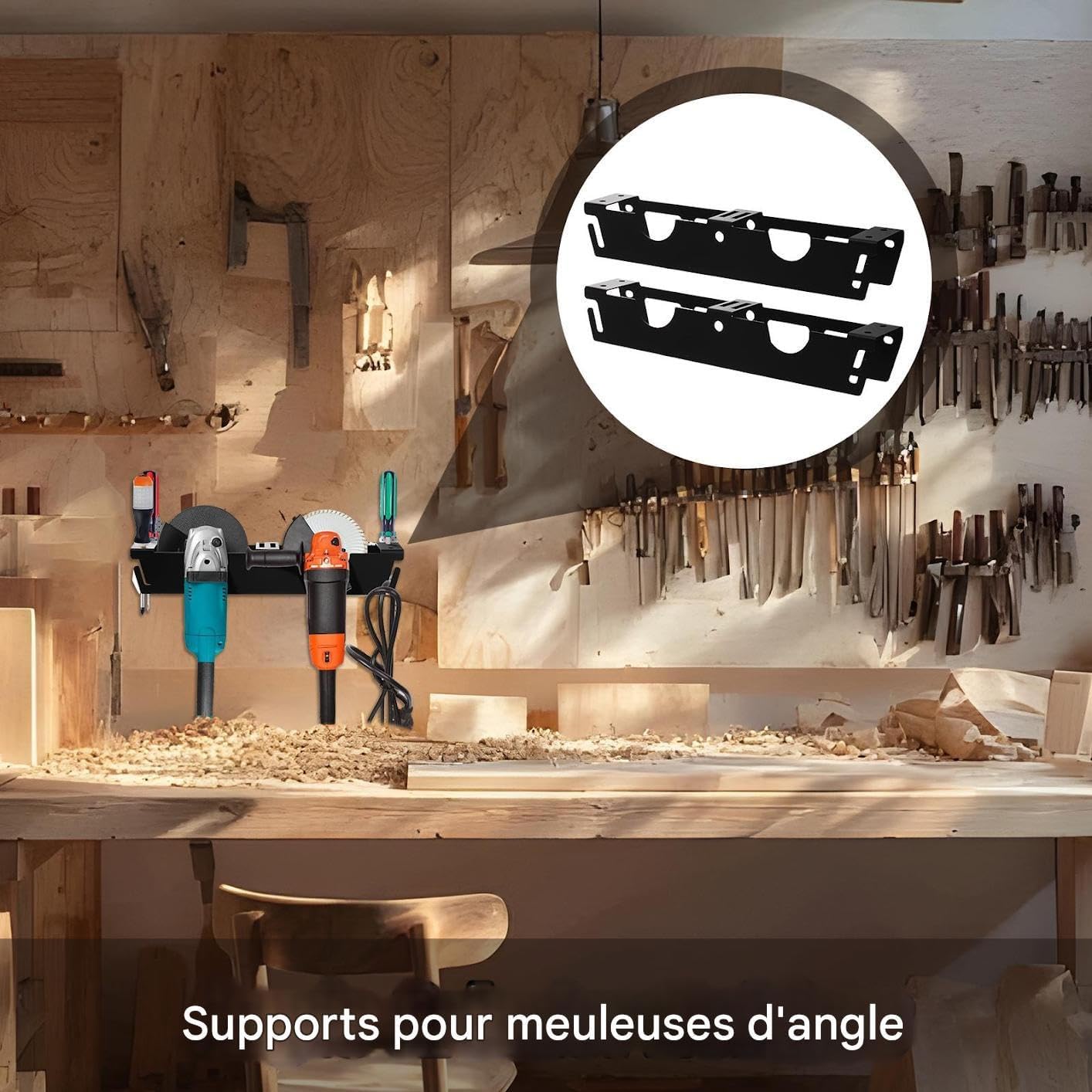  Support Pour Meuleuse - Porte-Outils Murale Pour Meuleuse D'Angle Et Autres Outils,Avec 2 Crochets Pour Câble Et Organisateur à 2 Emplacements Pour Électriques Tournevis Polisseuse