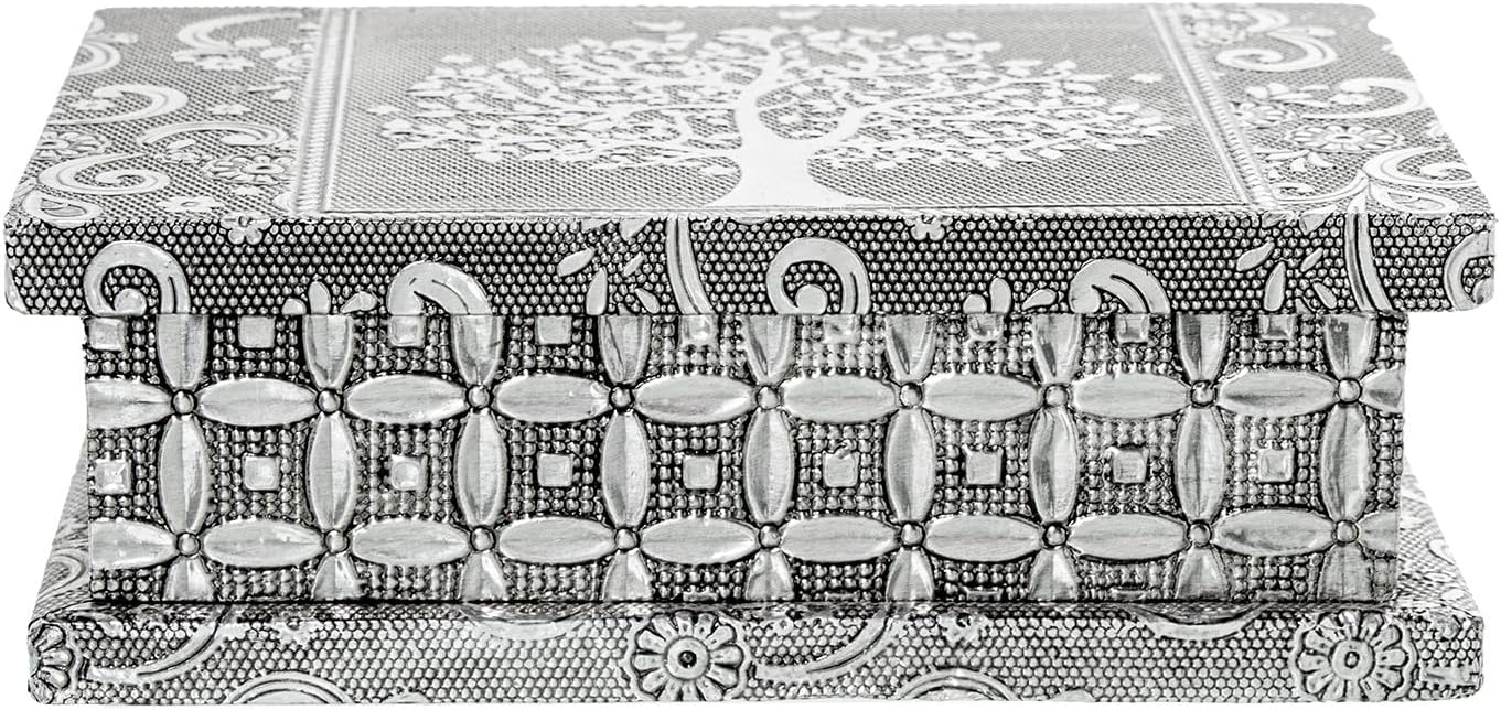  DRW Boîte à Bijoux En Métal Rectangulaire Décorative Arbre De Vie En Argent De Style Hindu 15 X 10 X 5 Cm