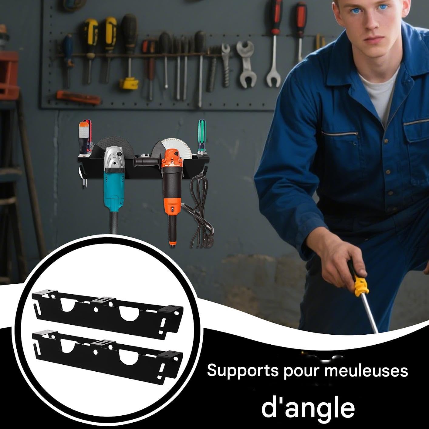  Support Pour Meuleuse - Porte-Outils Murale Pour Meuleuse D'Angle Et Autres Outils,Avec 2 Crochets Pour Câble Et Organisateur à 2 Emplacements Pour Électriques Tournevis Polisseuse
