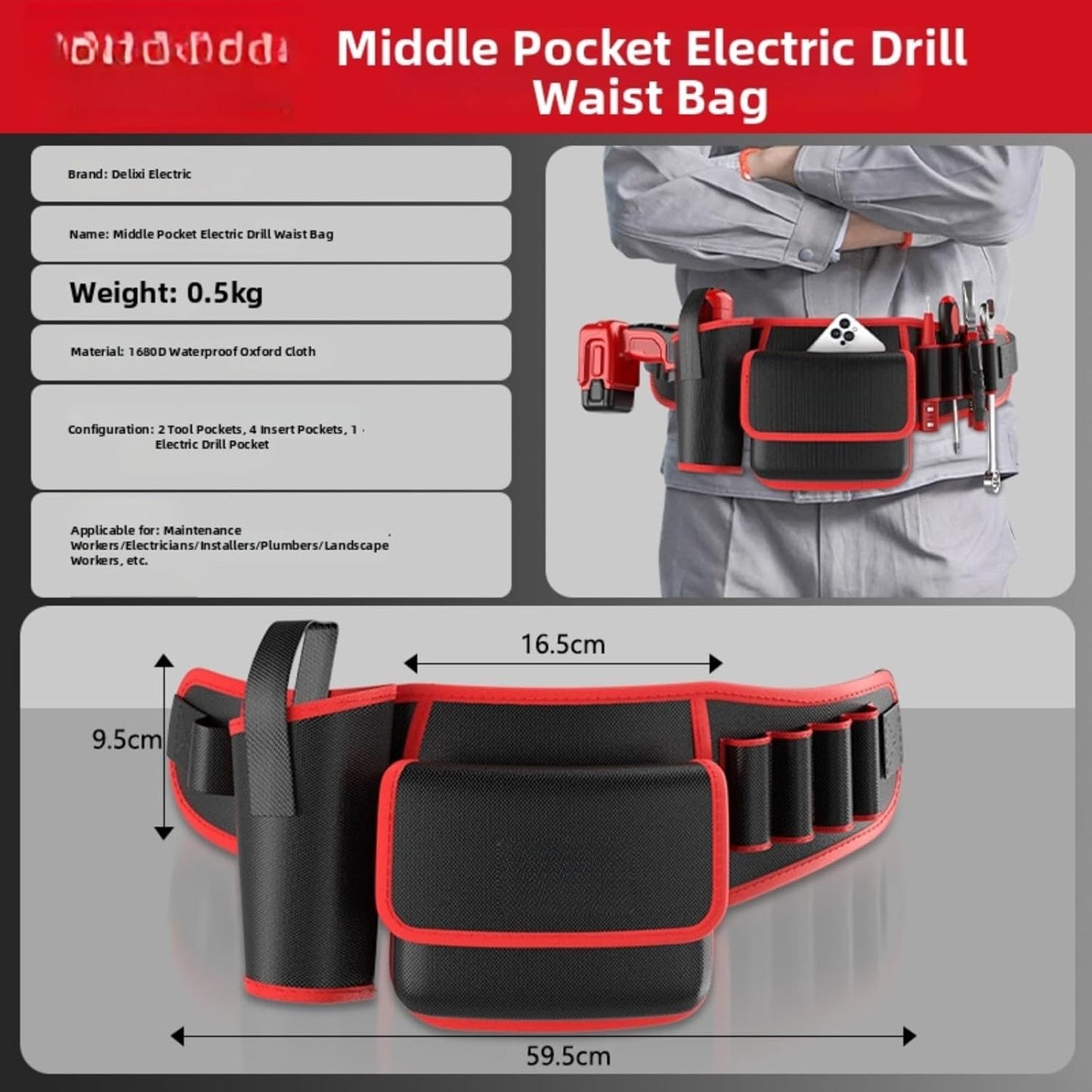  Sac Banane Robuste Pour Outils D'électricien, Pochette Oxford 1680D Imperméable Avec Plusieurs Poches Et Ceinture Réglable Pour Travaux De Construction, Rouge (B)