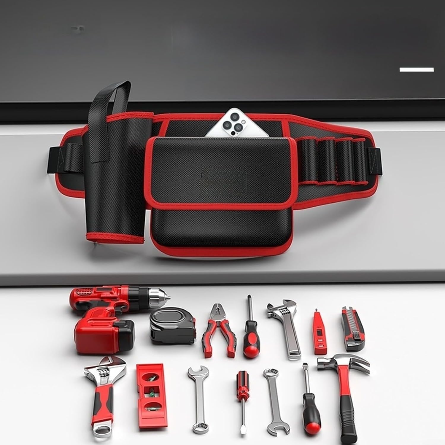  Sac Banane Robuste Pour Outils D'électricien, Pochette Oxford 1680D Imperméable Avec Plusieurs Poches Et Ceinture Réglable Pour Travaux De Construction, Rouge (B)