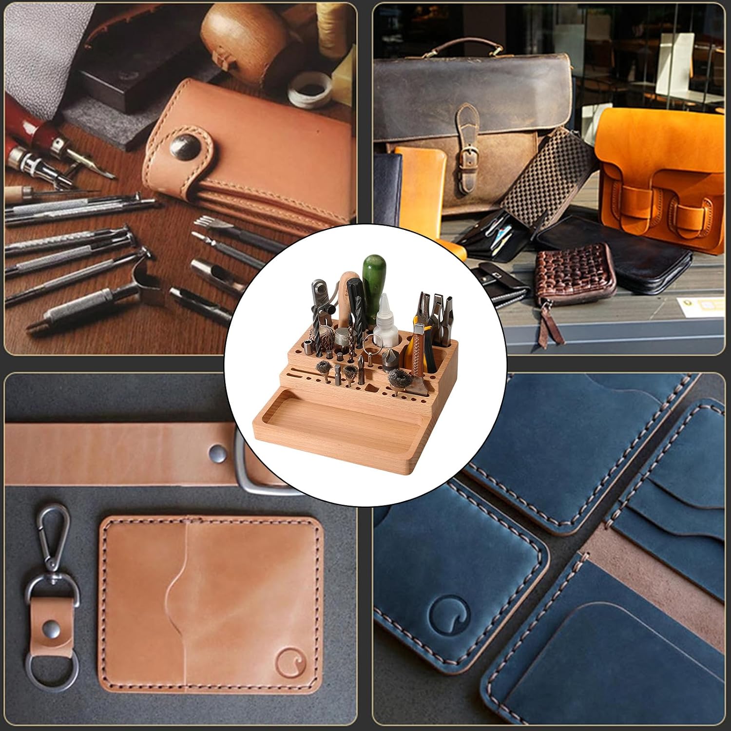  Organisateurs à Outils En Cuir De Hêtre Avec Plusieurs Emplacements Pour Travaux Manuels Et Rangement Efficace D'atelier. Boîte à Outils En Bois