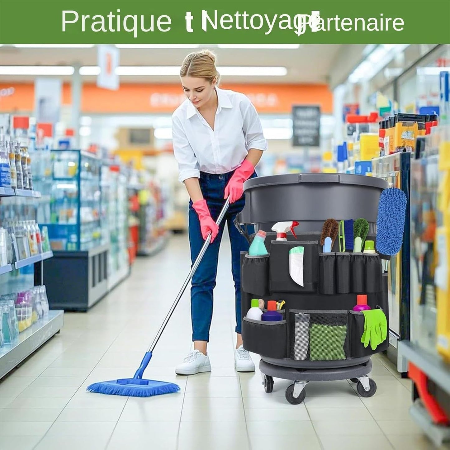  Sac Porte-Outils De Nettoyage,Sac Organisateur Pour Poubelle Industrielle Avec 13 Poches - Fournitures Organisation Outils Ménage Pour Plage École Atelier Supermarché