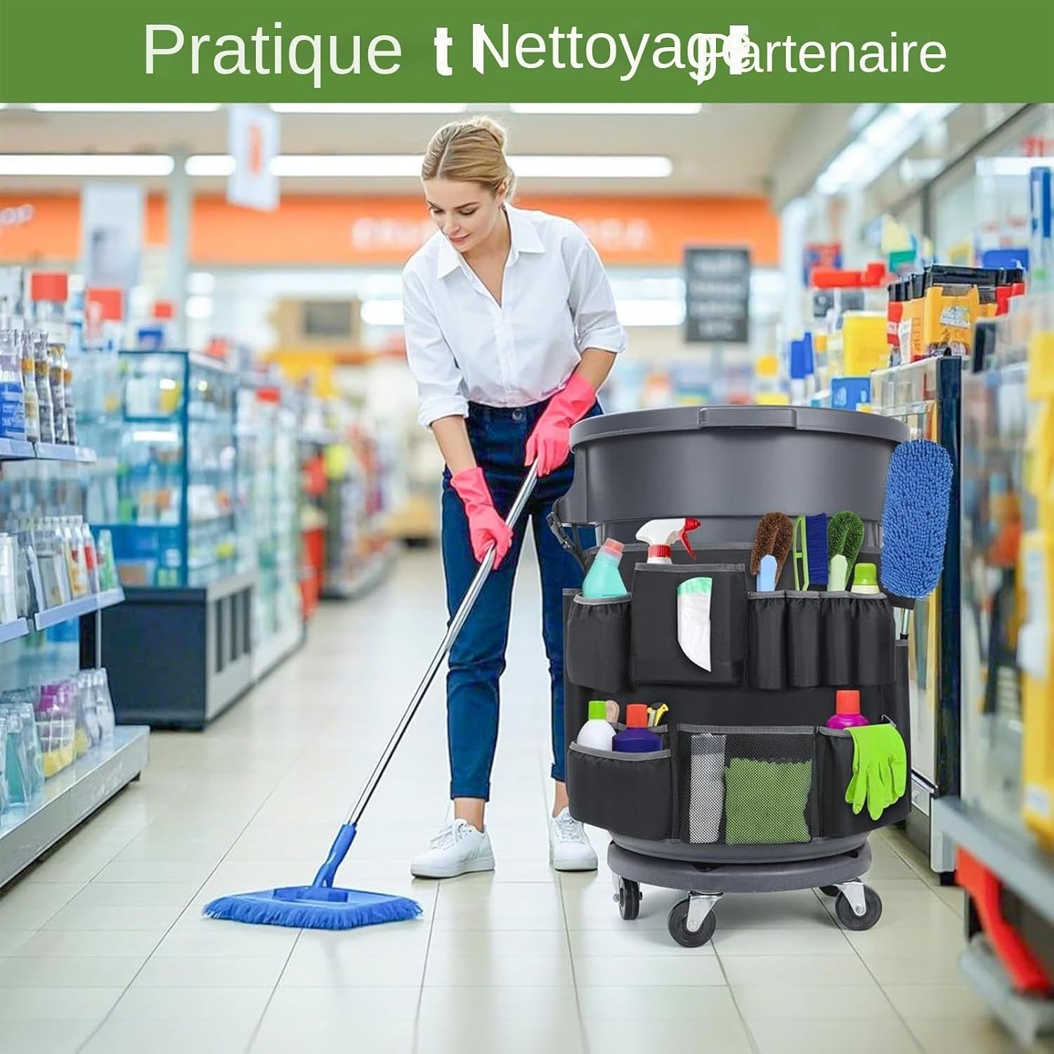  Sac Porte-Outils De Nettoyage,Sac Organisateur Pour Poubelle Industrielle Avec 13 Poches - Fournitures Organisation Outils Ménage Pour Plage École Atelier Supermarché