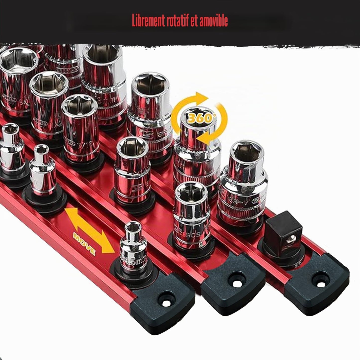  ACEBON Lot De 3 Rails à Douilles Magnétiques 1/4", 3/8" Et 1/2", Organisateur De Douilles En Aluminium Avec 40 Clips Rotatifs, Support De Douilles Magnétique Pour Garage, Atelier Et Boîte à Outils