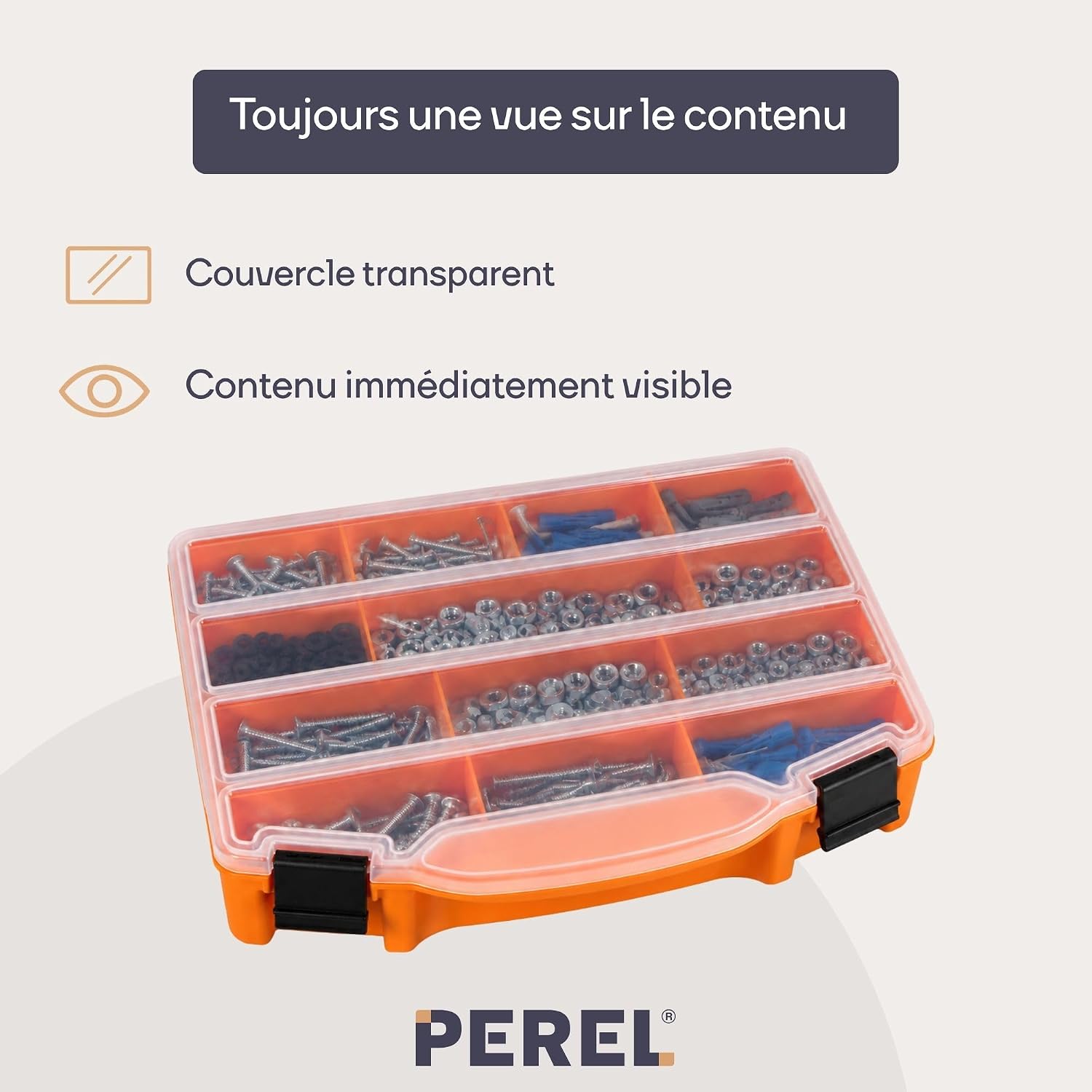  Perel Boîte D’assortiment En Plastique Avec 10 Compartiments Fixes, Couvercle Transparent, Empilable, Pour Vis, écrous, Clous Et Petites Pièces, Atelier, Garage Et Loisirs