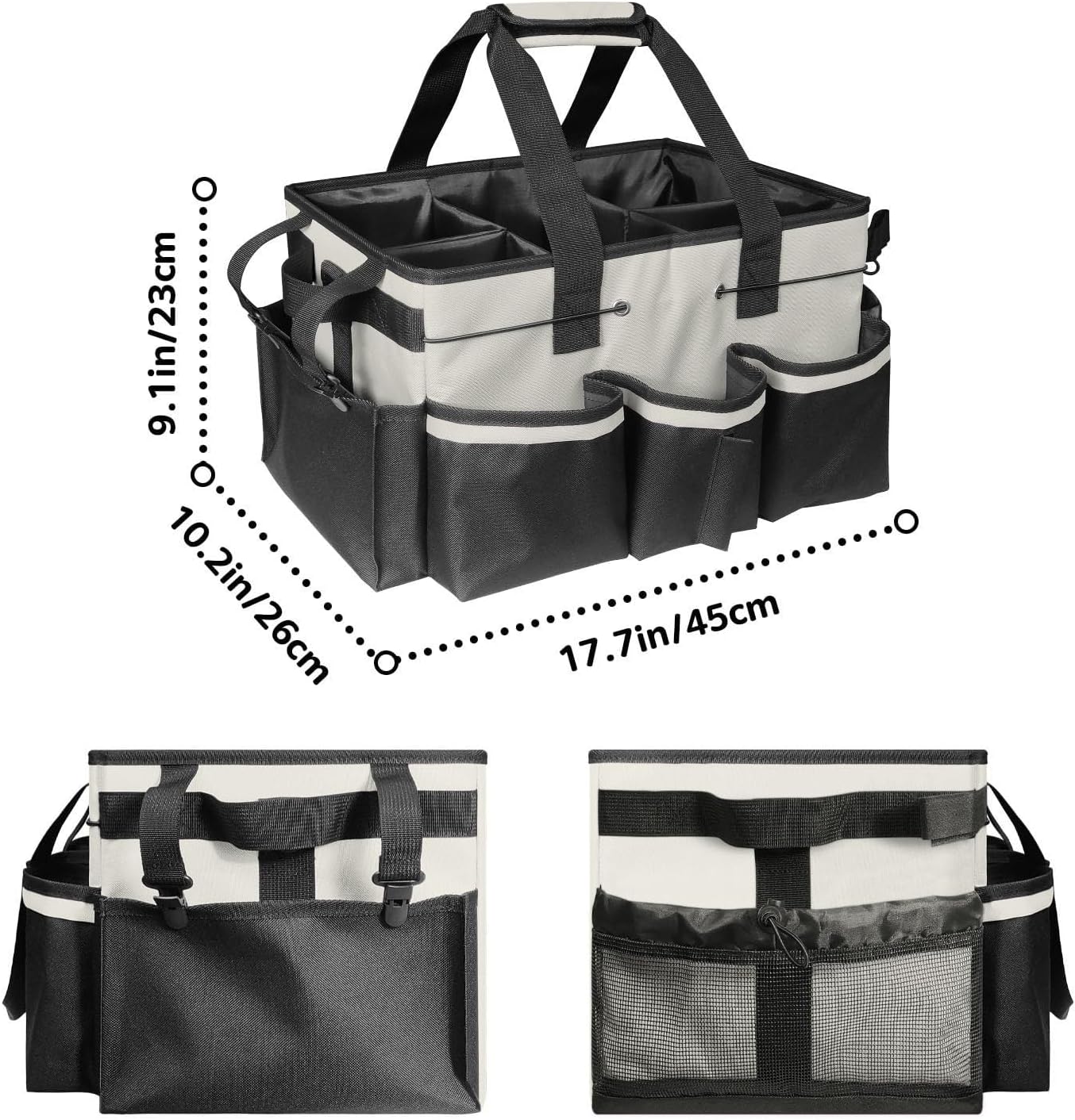  Sac De Rangement Multifonction En Toile Avec Poches Latérales En Maille Et Porte-poubelle Intégré Pour Outils De Nettoyage De La Maison, Du Jardin, Blanc