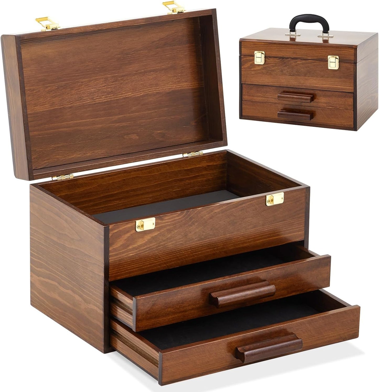  Weysat Mini Boîte à Outils En Bois De 27,9 Cm Avec 2 Tiroirs Et Rangement Sur Le Dessus, Petite Boîte à Outils Portable Avec Doublure En PVC, Mini Boîte De Rangement à Outils Avec Fermeture à Loquet