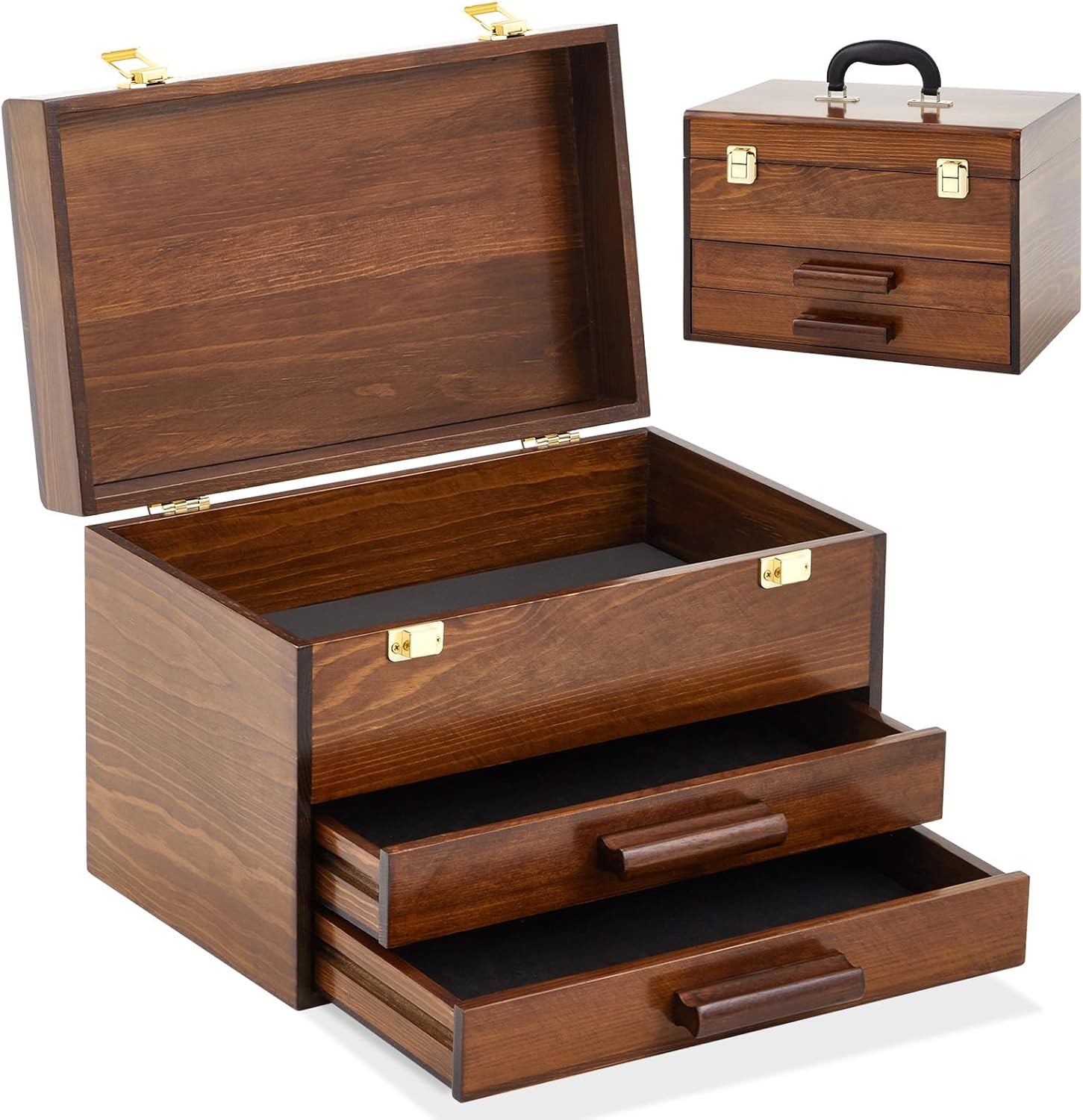  Weysat Mini Boîte à Outils En Bois De 27,9 Cm Avec 2 Tiroirs Et Rangement Sur Le Dessus, Petite Boîte à Outils Portable Avec Doublure En PVC, Mini Boîte De Rangement à Outils Avec Fermeture à Loquet