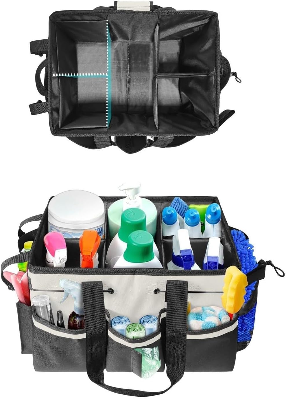  Sac De Rangement Multifonction En Toile Avec Poches Latérales En Maille Et Porte-poubelle Intégré Pour Outils De Nettoyage De La Maison, Du Jardin, Blanc