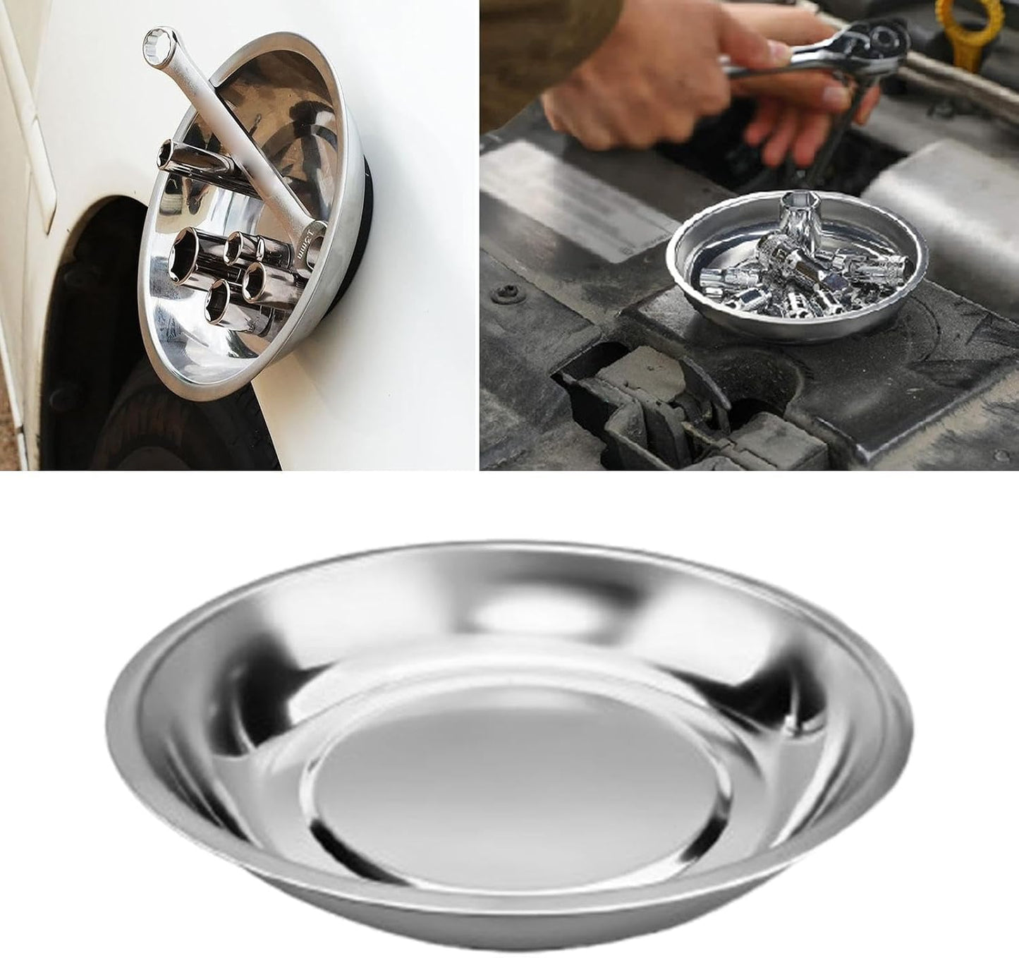  Generic Plateau Rond Automobile Bol Plat Rangement Pièces Automobiles Coupelle Organisateur Métal Acier Inoxydable Convient Pour Mécanique Travaux Atelier, 6 Pouces