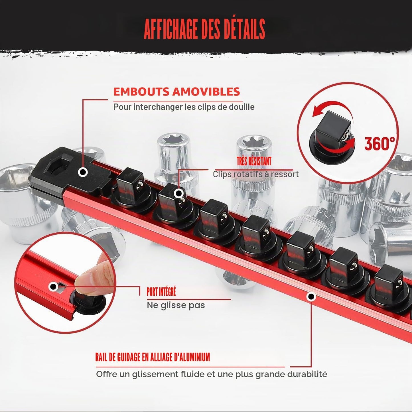  ACEBON Lot De 3 Rails à Douilles Magnétiques 1/4", 3/8" Et 1/2", Organisateur De Douilles En Aluminium Avec 40 Clips Rotatifs, Support De Douilles Magnétique Pour Garage, Atelier Et Boîte à Outils