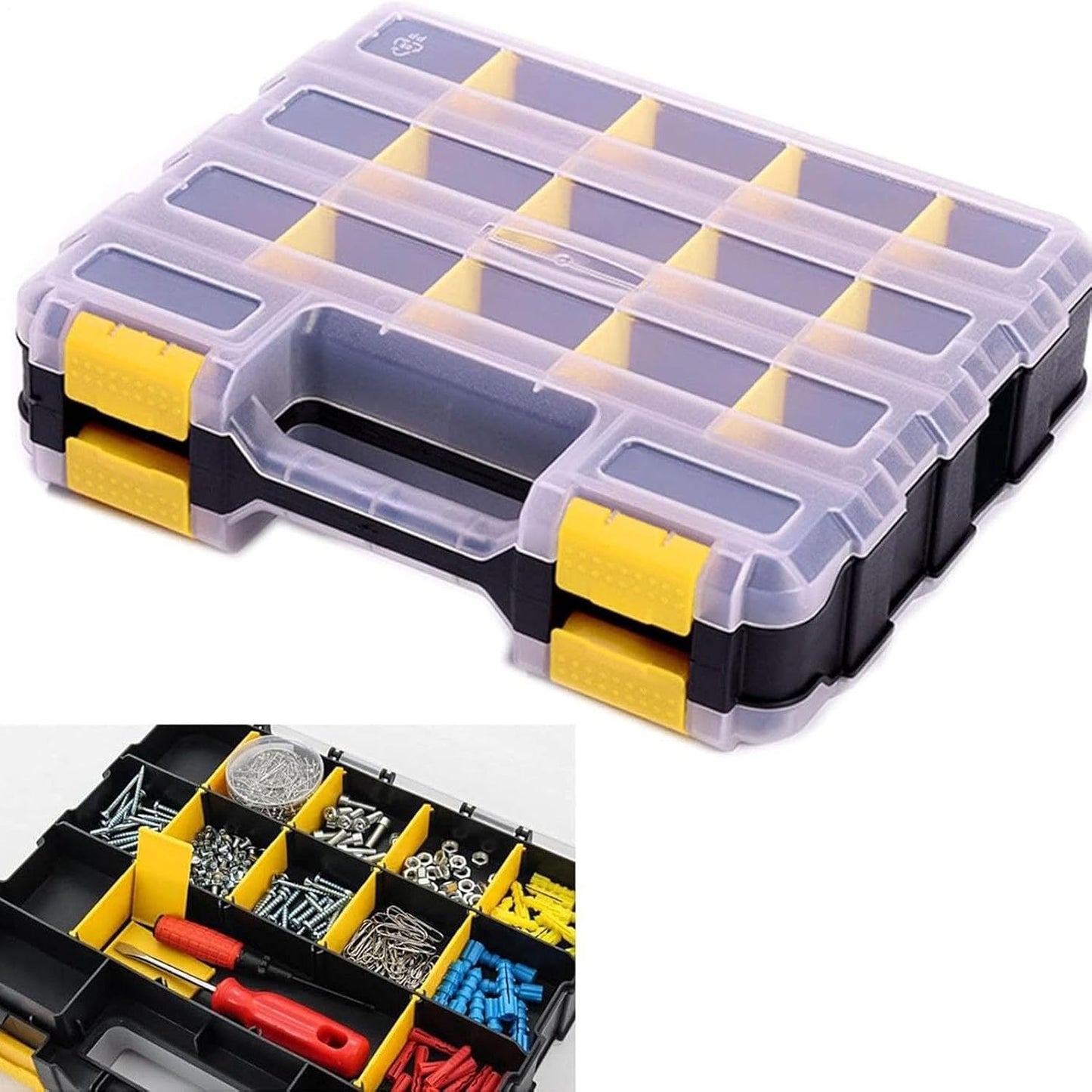 GENERIC Petite Boîte à Outils – Double Face 34 Compartiments Pour Vis, Clous, Boulons, Boulons, Forets, Douilles, Petites Pièces, Perles, Bijoux | Transparent Et Flexible Avec Sécurisé, Organiseur
