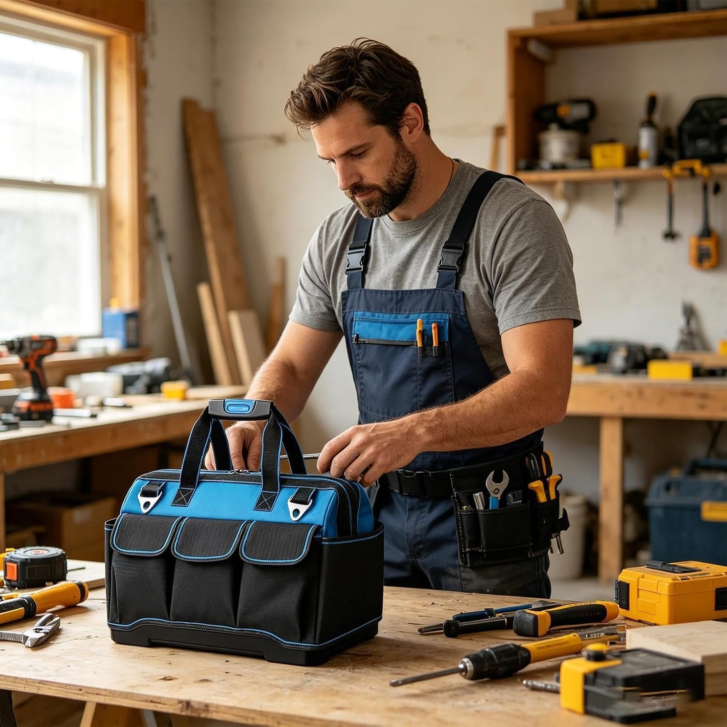 GENERIC Sac à Outils Pour électricien | Oxford Multi-poches | Sac Fourre-tout à Outils Avec Rigide – Pour L'extérieur, Les Voyages, La Construction, La Réparation De Voiture, La Maison, Le Garage, Le