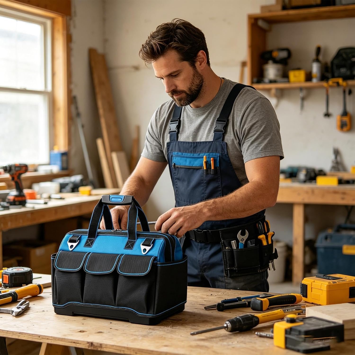 GENERIC Sac à Outils Pour électricien | Oxford Multi-poches | Sac Fourre-tout à Outils Avec Rigide – Pour L'extérieur, Les Voyages, La Construction, La Réparation De Voiture, La Maison, Le Garage, Le