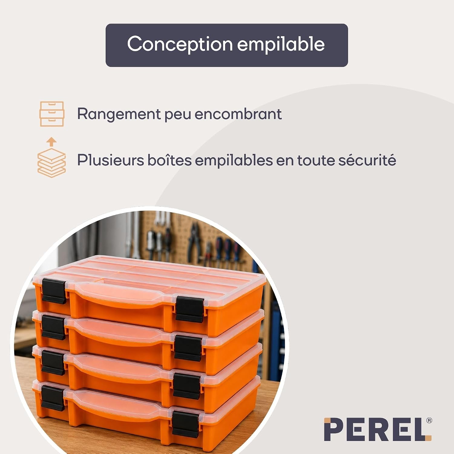  Perel Boîte D’assortiment En Plastique Avec 10 Compartiments Fixes, Couvercle Transparent, Empilable, Pour Vis, écrous, Clous Et Petites Pièces, Atelier, Garage Et Loisirs