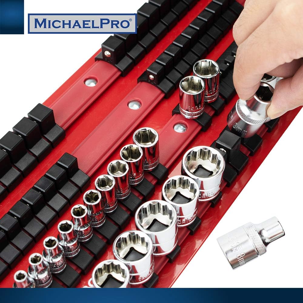  MichaelPro MP014006 Support De Douilles Portable 80 Pièces, Organiseur De Douilles, Rail Rouge Avec Clips Noirs