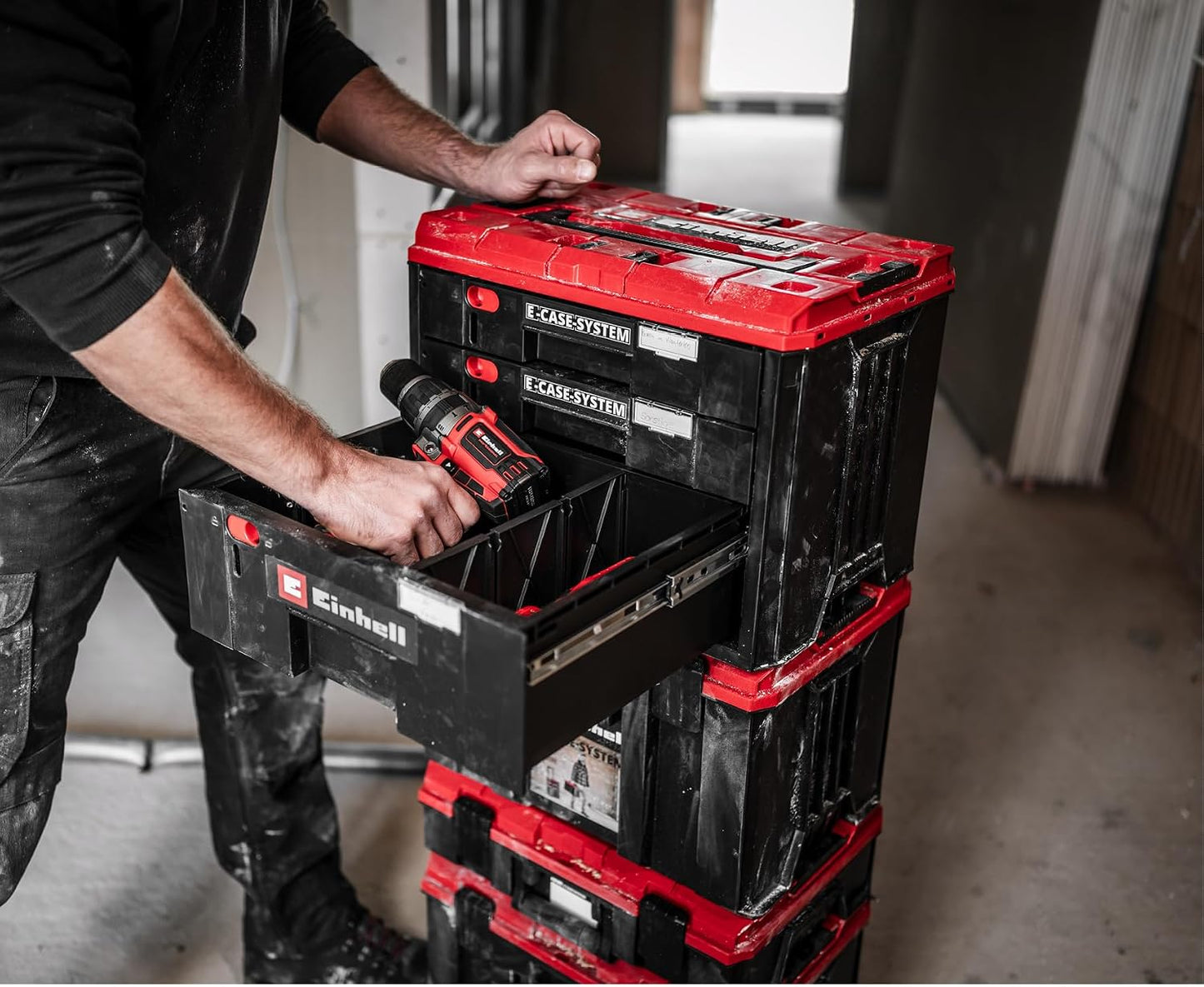  Original Einhell Mallette à Tiroirs E-Case (gamme Einhell E-Case, 41,5 X 25 X 28 Cm, Charge Utile Max. 60 Kg, 2 Tiroirs De 5,5 Cm De Haut, 1 Tiroir De 12,5 Cm De Haut, Poignée)