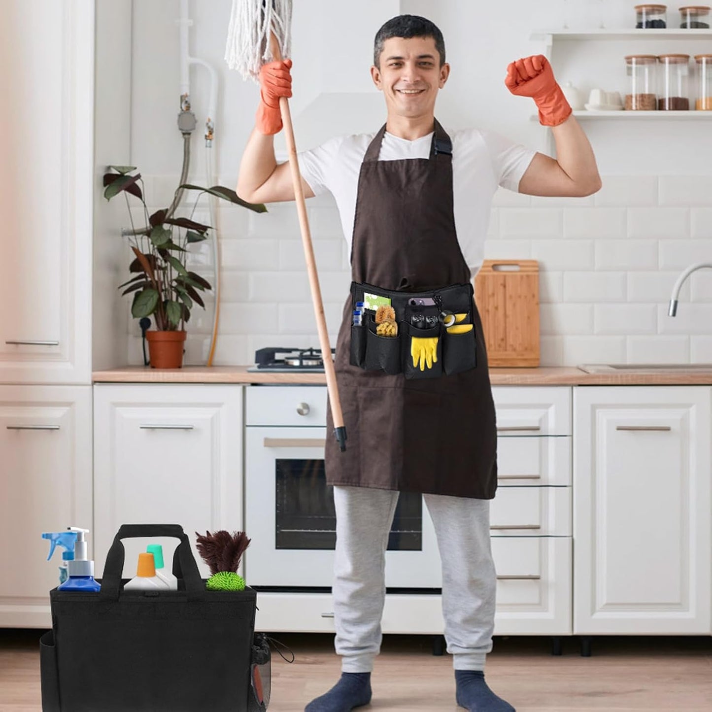  Générique Sac Pour Fournitures De Nettoyage - Organisateur Pour Fournitures De Nettoyage - Porte-Outils Mesh Respirant Imperméable Avec Poignée Bretelle Pour Chiffons Époussetage Cuisine