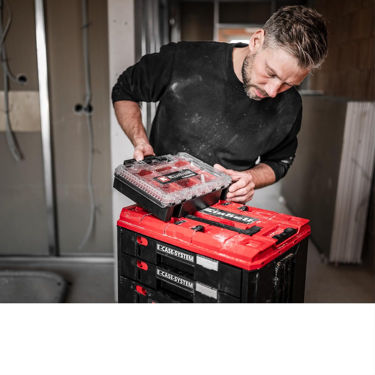  Original Einhell Mallette à Tiroirs E-Case (gamme Einhell E-Case, 41,5 X 25 X 28 Cm, Charge Utile Max. 60 Kg, 2 Tiroirs De 5,5 Cm De Haut, 1 Tiroir De 12,5 Cm De Haut, Poignée)