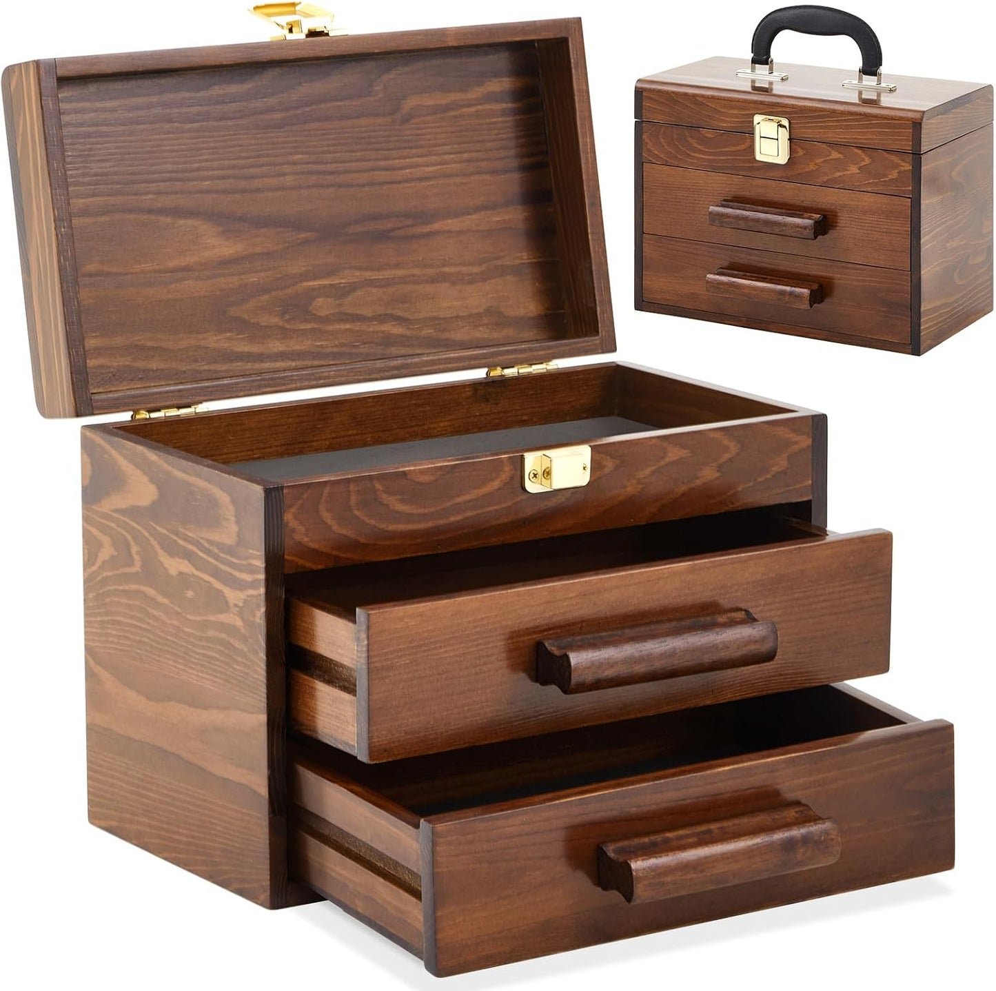  Weysat Mini Boîte à Outils En Bois De 27,9 Cm Avec 2 Tiroirs Et Rangement Sur Le Dessus, Petite Boîte à Outils Portable Avec Doublure En PVC, Mini Boîte De Rangement à Outils Avec Fermeture à Loquet