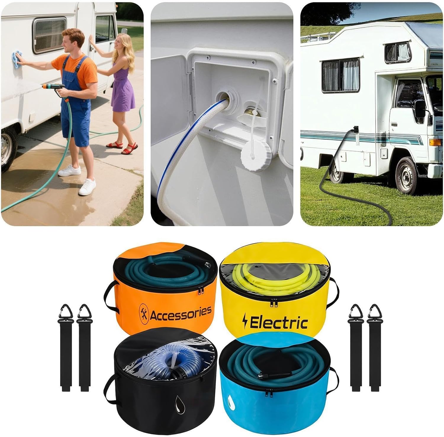  Sac De Rangement Pour Tuyau D'Évacuation Camping-Car,4 Housses Imperméables Respirantes - Sac Pour Tuyau D'Eau Avec Double Fermeture Éclair Et Fenêtre Transparente | Pour Outils Extérieur, Matériel Ja