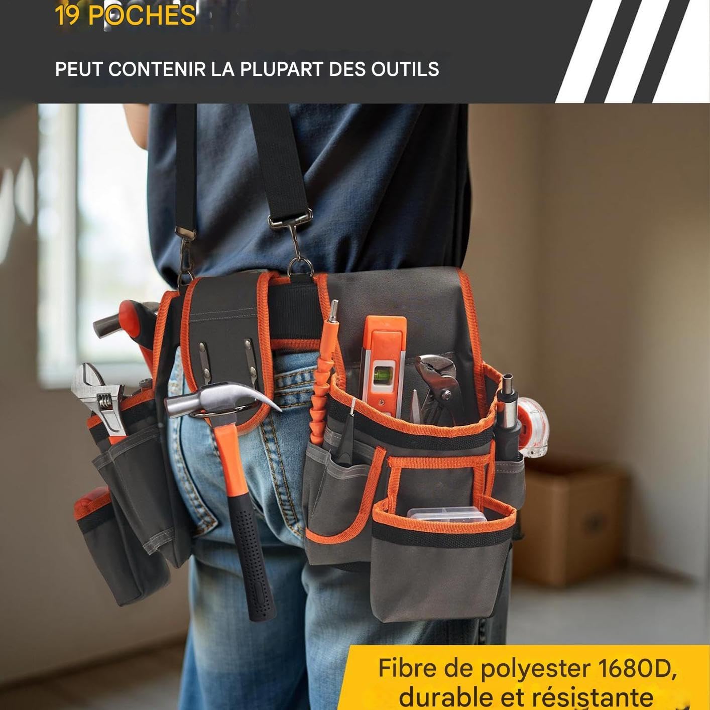  Ceinture à Outils Renforcée - Organisateur De Ceinture Porte-Outils - Ceinturon Réglable Avec Bretelles Et 19 Poches Pour Les Sites De Construction Réparations De Plomberie Installations
