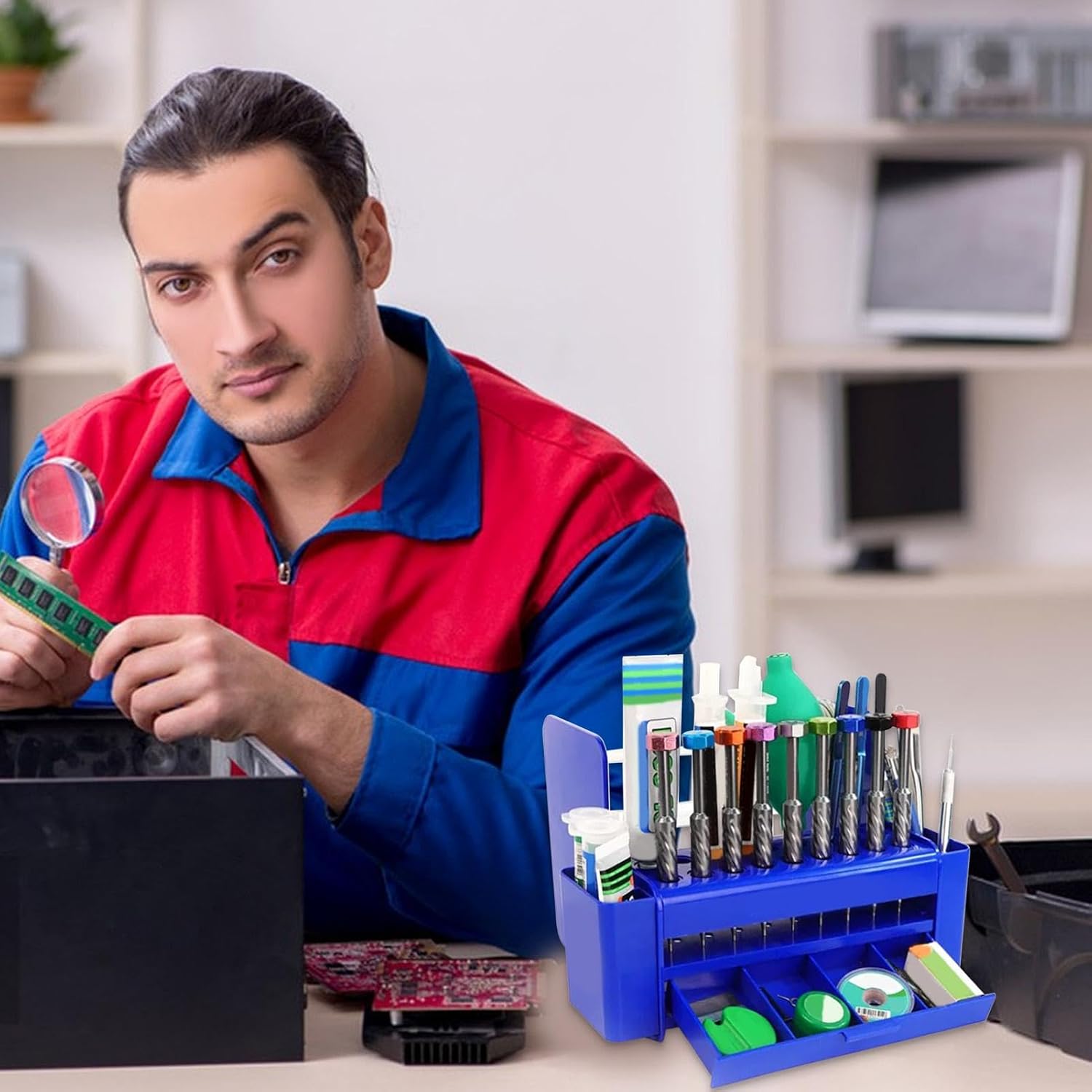  Boîte à Outils ZWXQE, Organisateur à Outils Avec Tiroir, étui à Outils De Réparation De Téléphone, 26 Trous Pour Tournevis Et Pinces à épiler, Compact Et Peu Encombrant