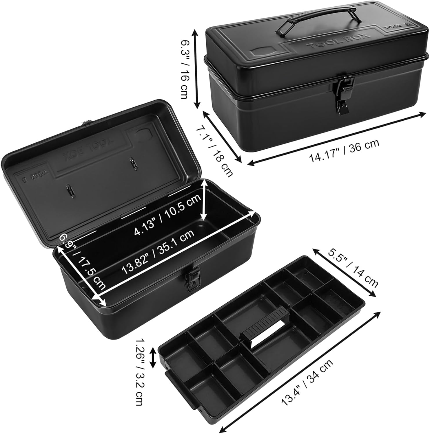  Tosnail Boîte à Outils En Métal De 35,6 Cm Avec Poignée, Fermeture à Loquet Et Plateau De Rangement Séparé Amovible, Organiseur D'outils Artisanaux, Noir